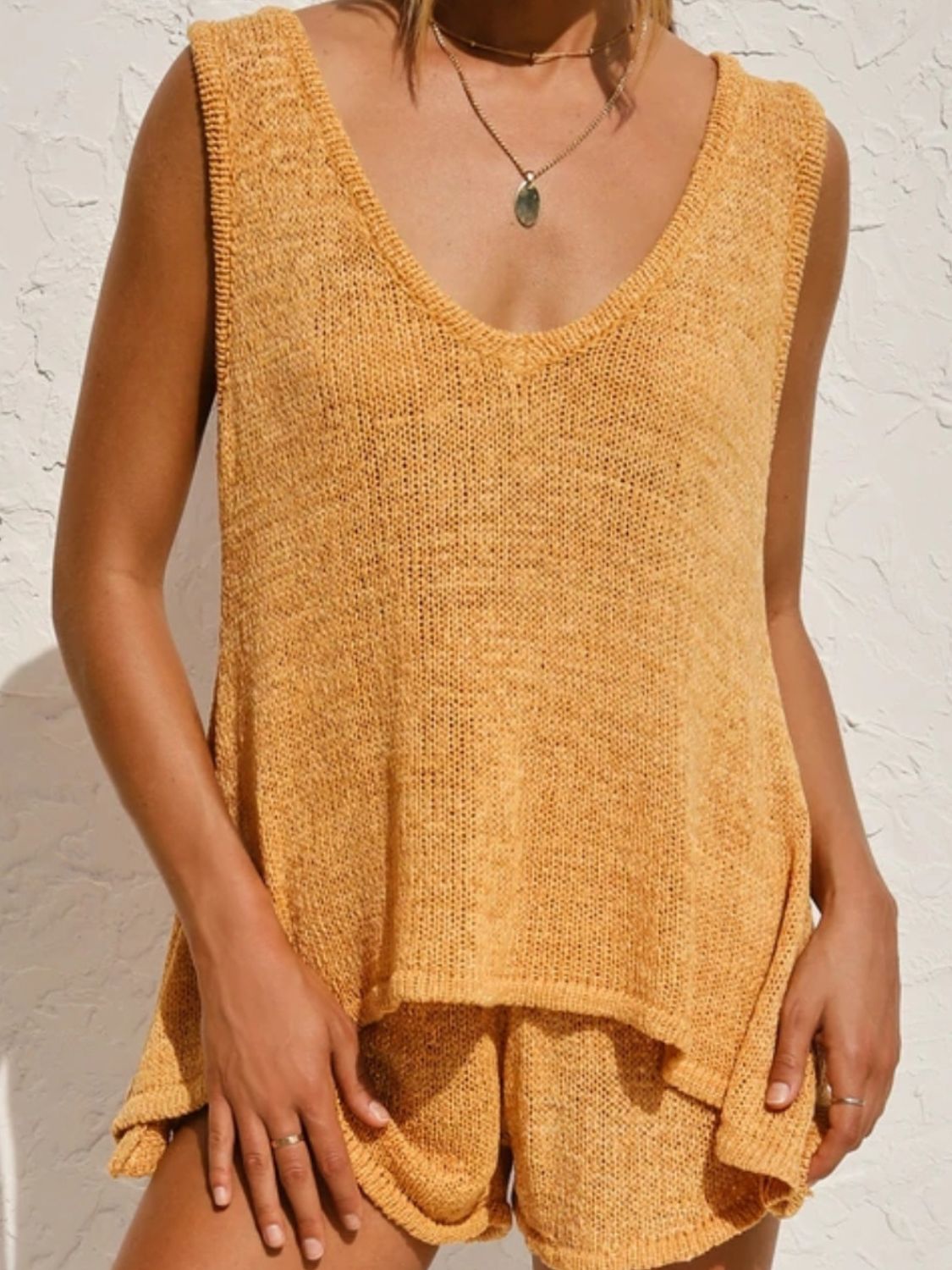 V-Neck Sleeveless Top and Drawstring Shorts Sweater Set